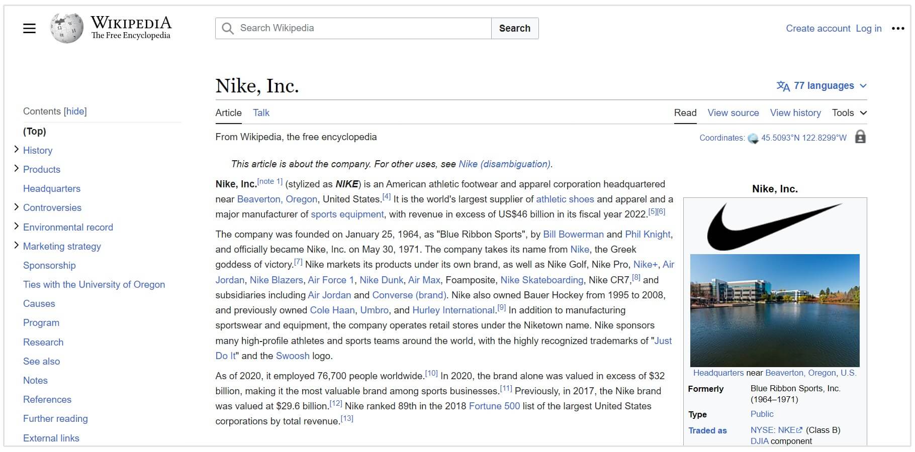 página de wikipedia de nike